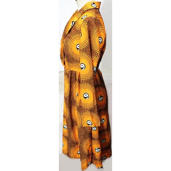 Retro Brown Orange V Neck Dress Long Sleeves Women L Dot Pattern 70s Mod Inspire - Picture 3 of 11